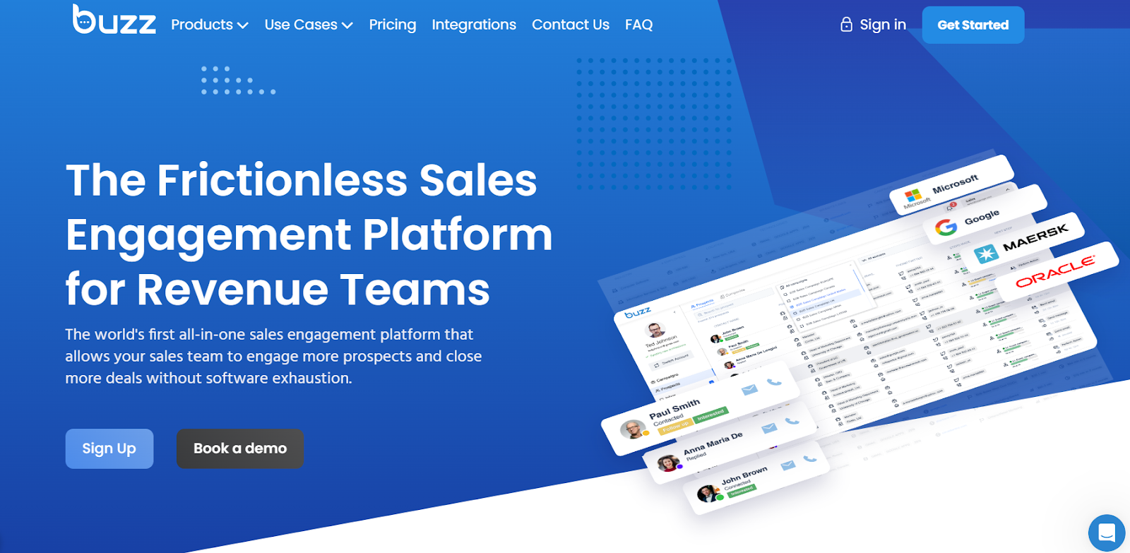 A webpage for Buzz shows an all-in-one sales engagement platform. The main text reads, "The Frictionless Sales Engagement Platform for Revenue Teams." The page includes options to "Sign Up" or "Book a demo" and features logos and a sample dashboard with user interactions.