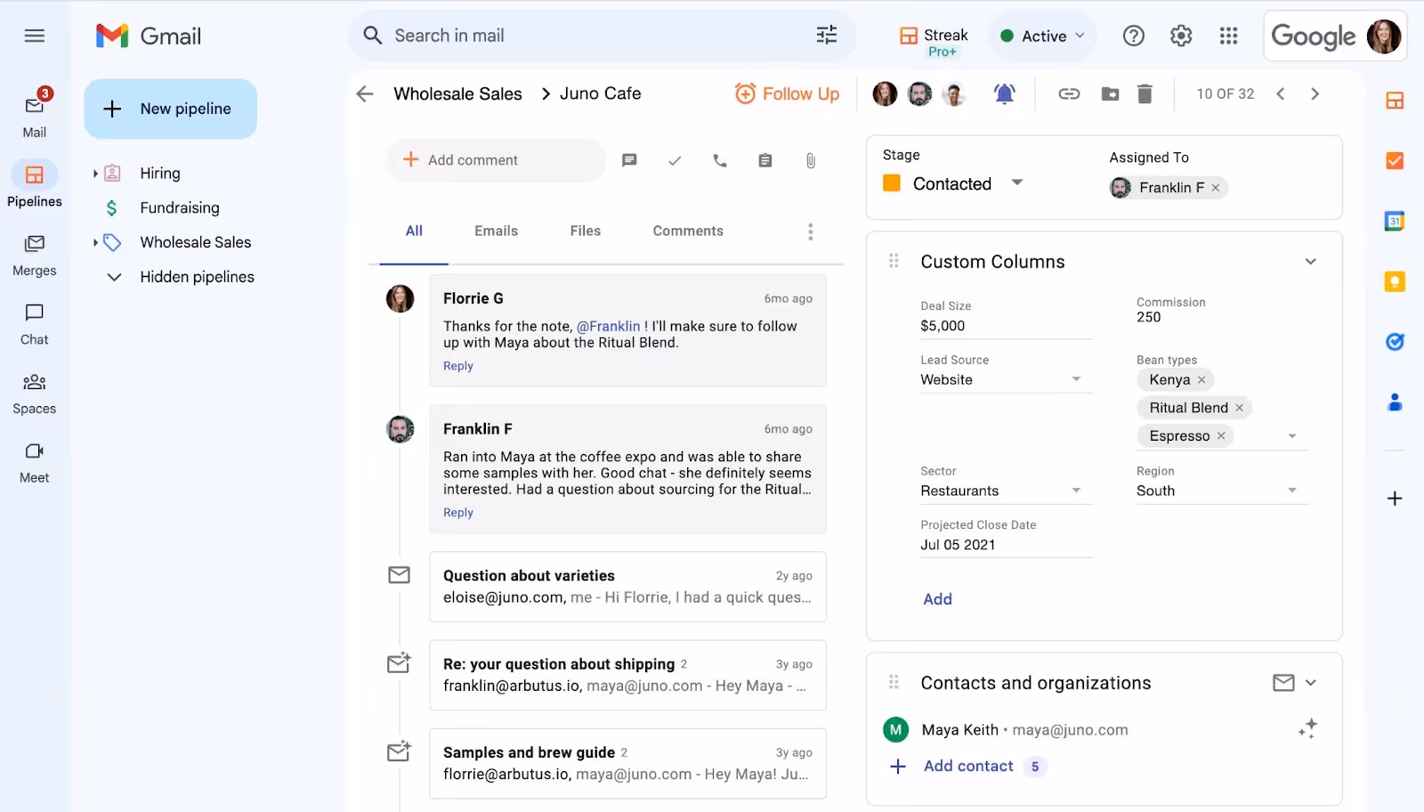 A Gmail inbox showing collaborative inbox with an email thread between multiple people. The interface displays folders on the left, email content in the middle, and a sidebar on the right with contact details, custom columns, and an email pipeline stage labeled "Contacted."