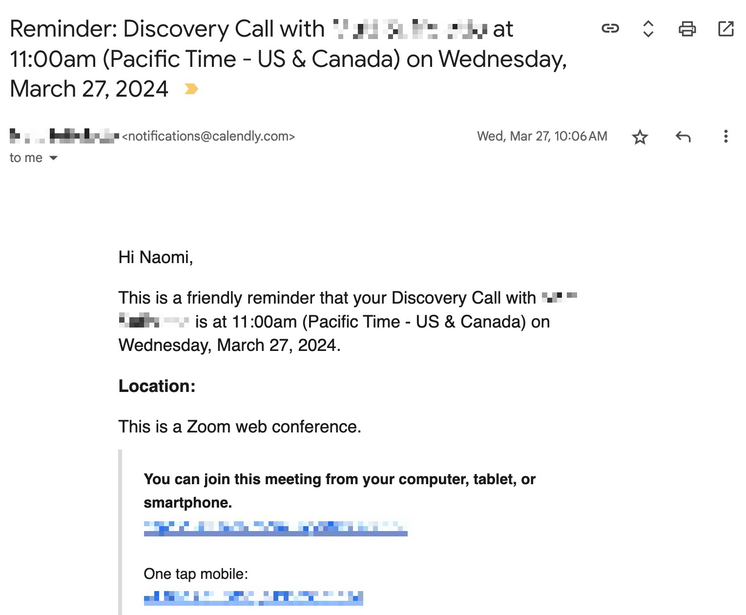 Here's your updated description: An email reminder for a Discovery Call scheduled at 11:00 AM (Pacific Time - US & Canada) on Wednesday, March 27, 2024. The email includes details about the Zoom web conference and instructions for joining from a computer, tablet, or mobile. You can also automate email responses for efficiency.