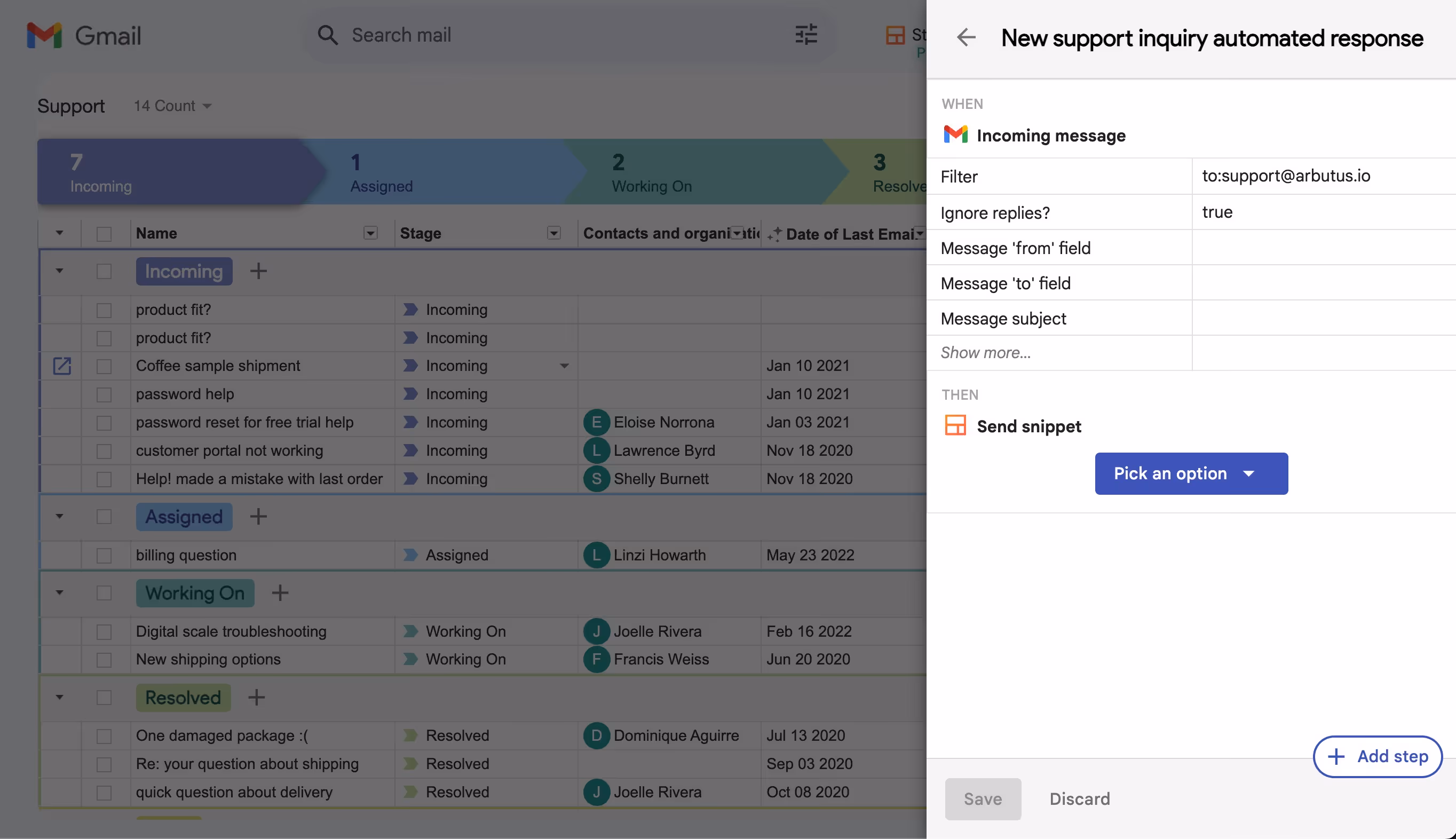 Screenshot of a Gmail interface with an email automation window open. On the left, there's a list of emails categorized by stages such as Incoming, Assigned, and Working On. On the right, there's a "New support inquiry automated response" configuration panel.
