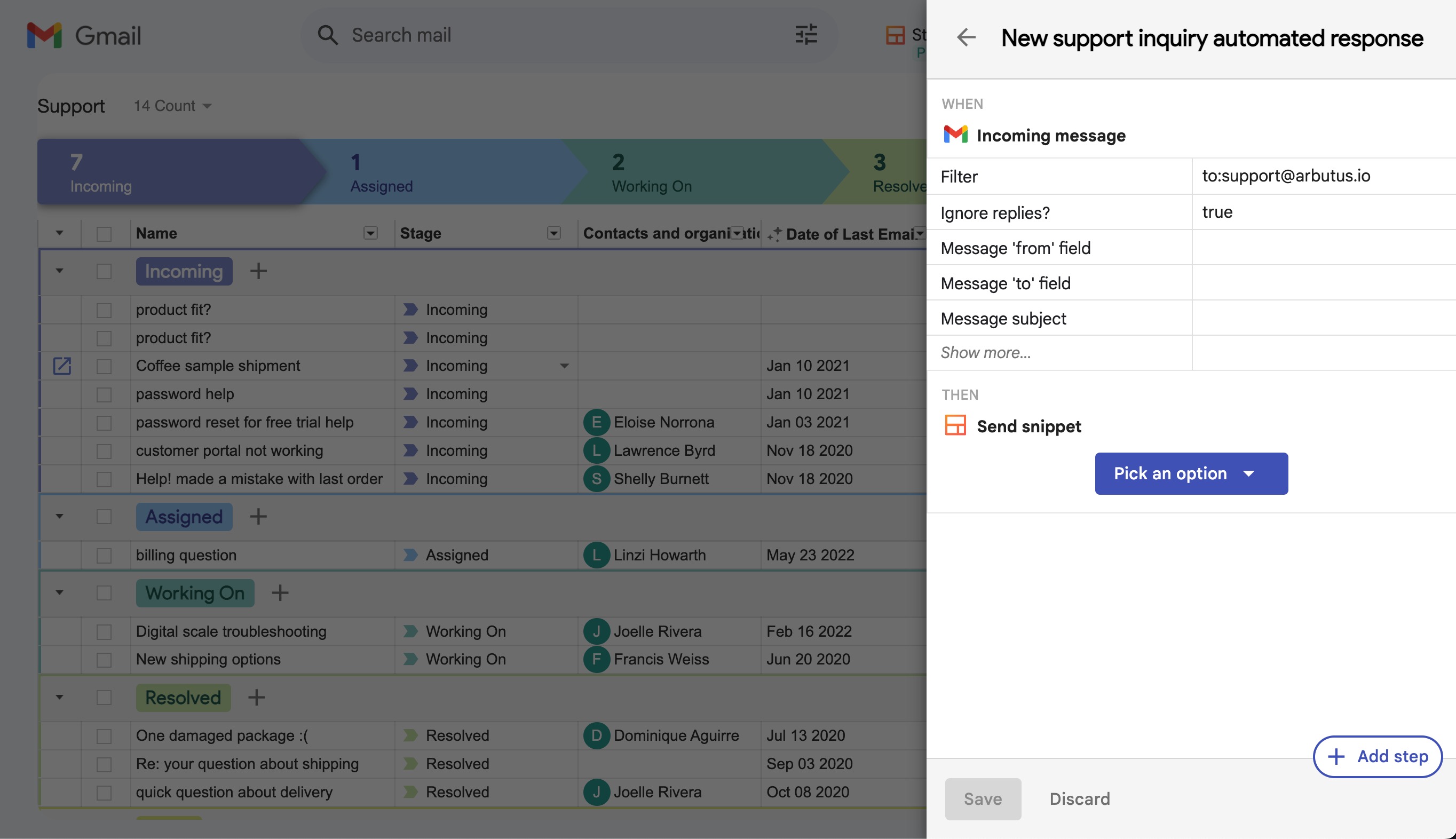  Screenshot of a Gmail interface with an email automation window open. On the left, there's a list of emails categorized by stages such as Incoming, Assigned, and Working On. On the right, there's a "New support inquiry automated response" configuration panel.