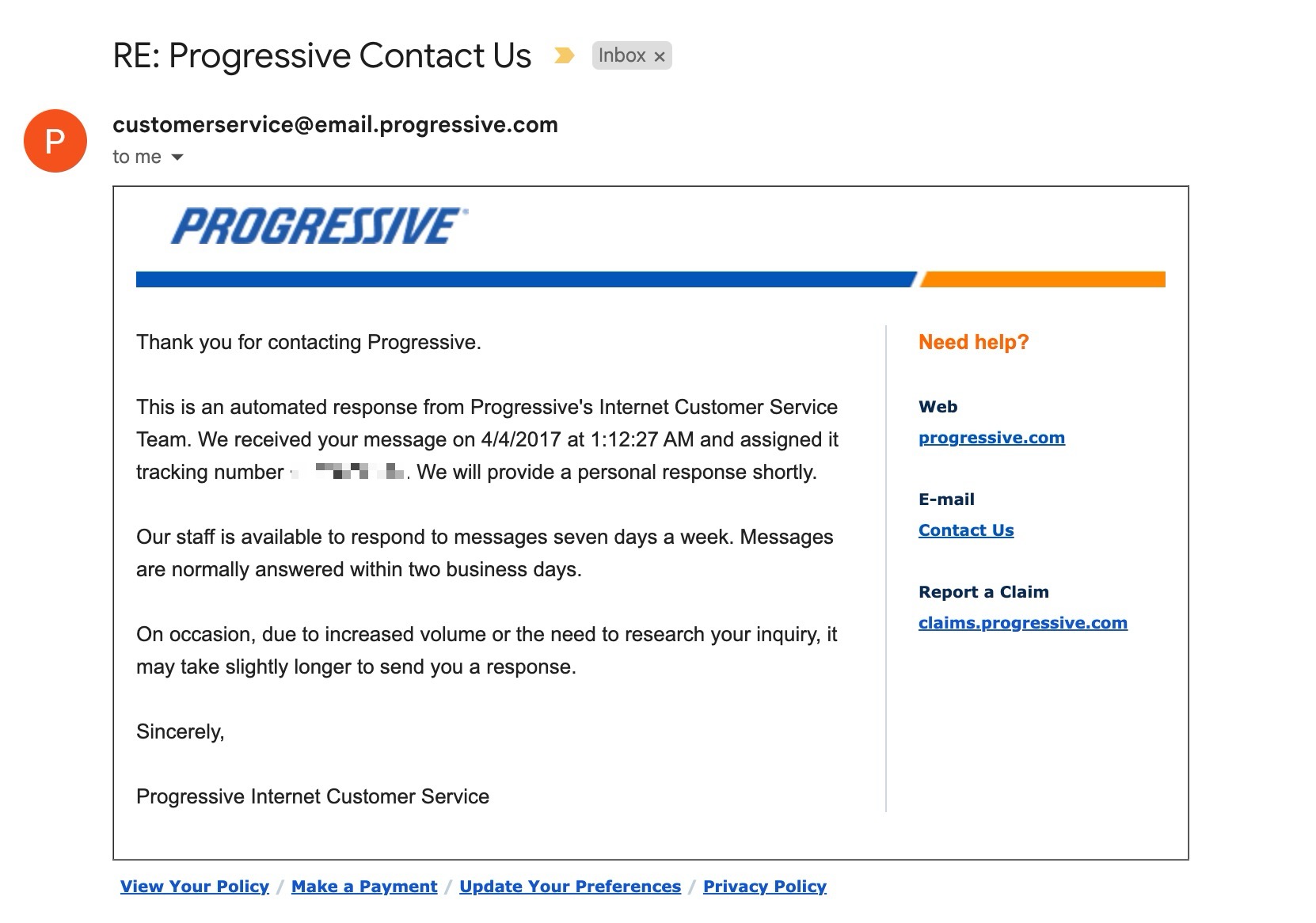 Screenshot of an email from Progressive's Internet Customer Service. The email, an automated response, thanks the recipient for contacting Progressive and notes that the message was received on 4/4/2017 at 12:12:27 AM and assigned a tracking number. Links to web, email, and phone contact options are included.
