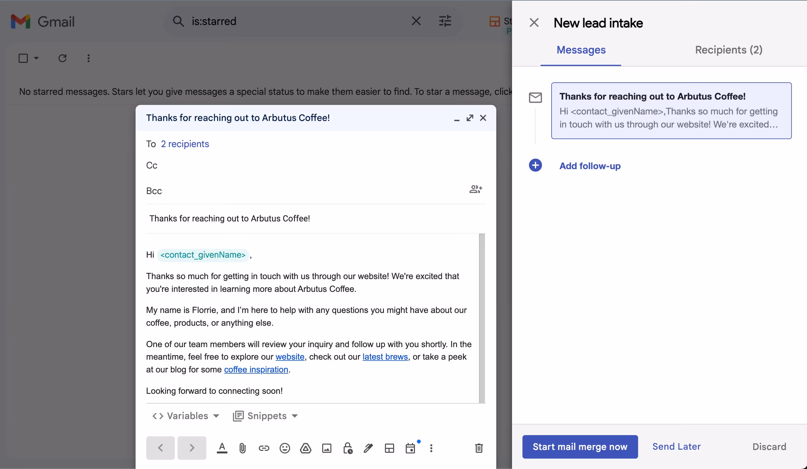 A screenshot showing a Gmail draft on the left with a thank-you email for reaching out to Arbutus Coffee. On the right, there is a "New lead intake" message in a sidebar with options to add a follow-up and start a mail merge.