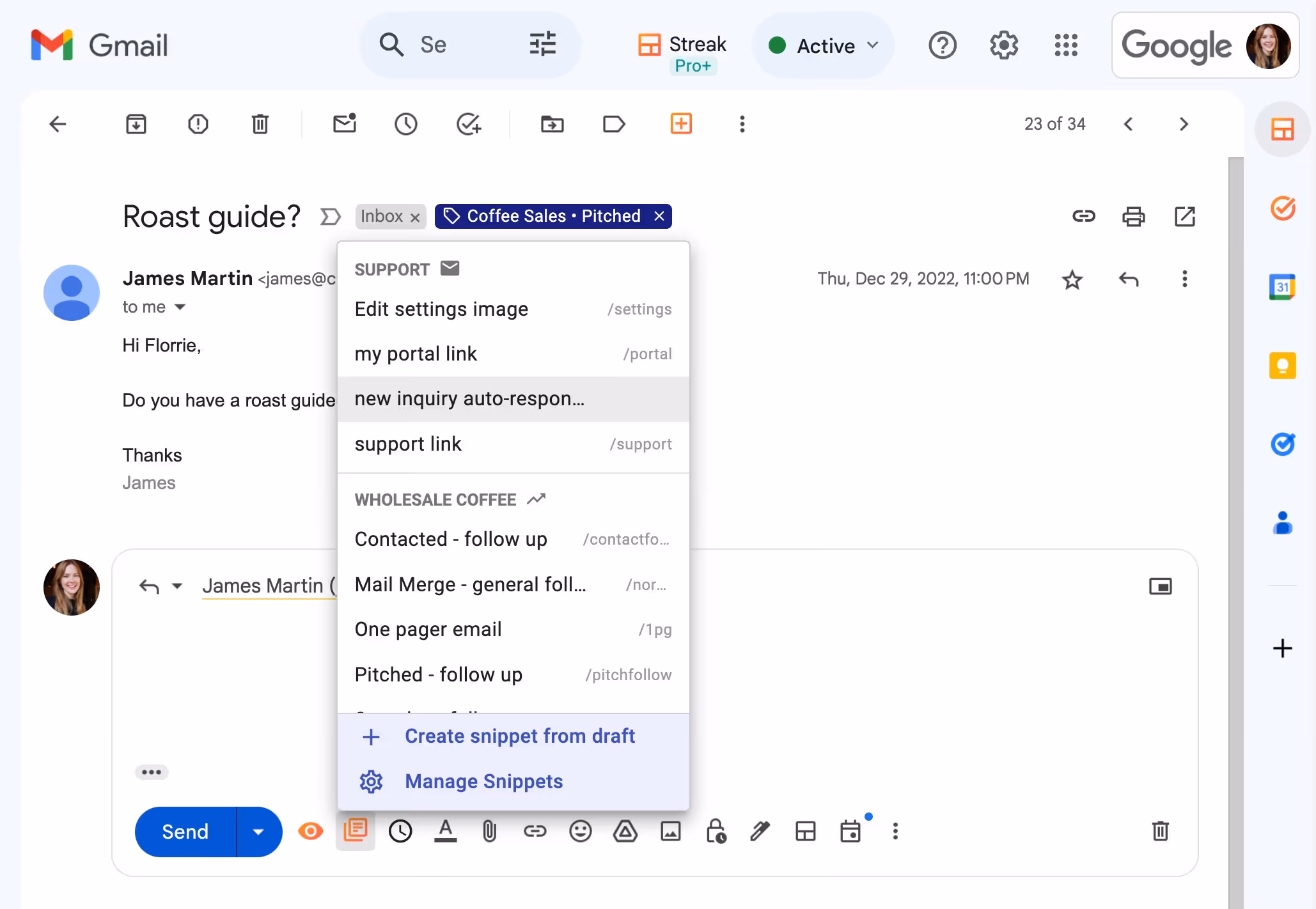 A Gmail inbox is open displaying an email with the subject line "Roast guide?". The sender is James Martin titled "Coffee Sales - Pitched" with an email content preview. A dropdown menu is expanded showing various support links and document options.