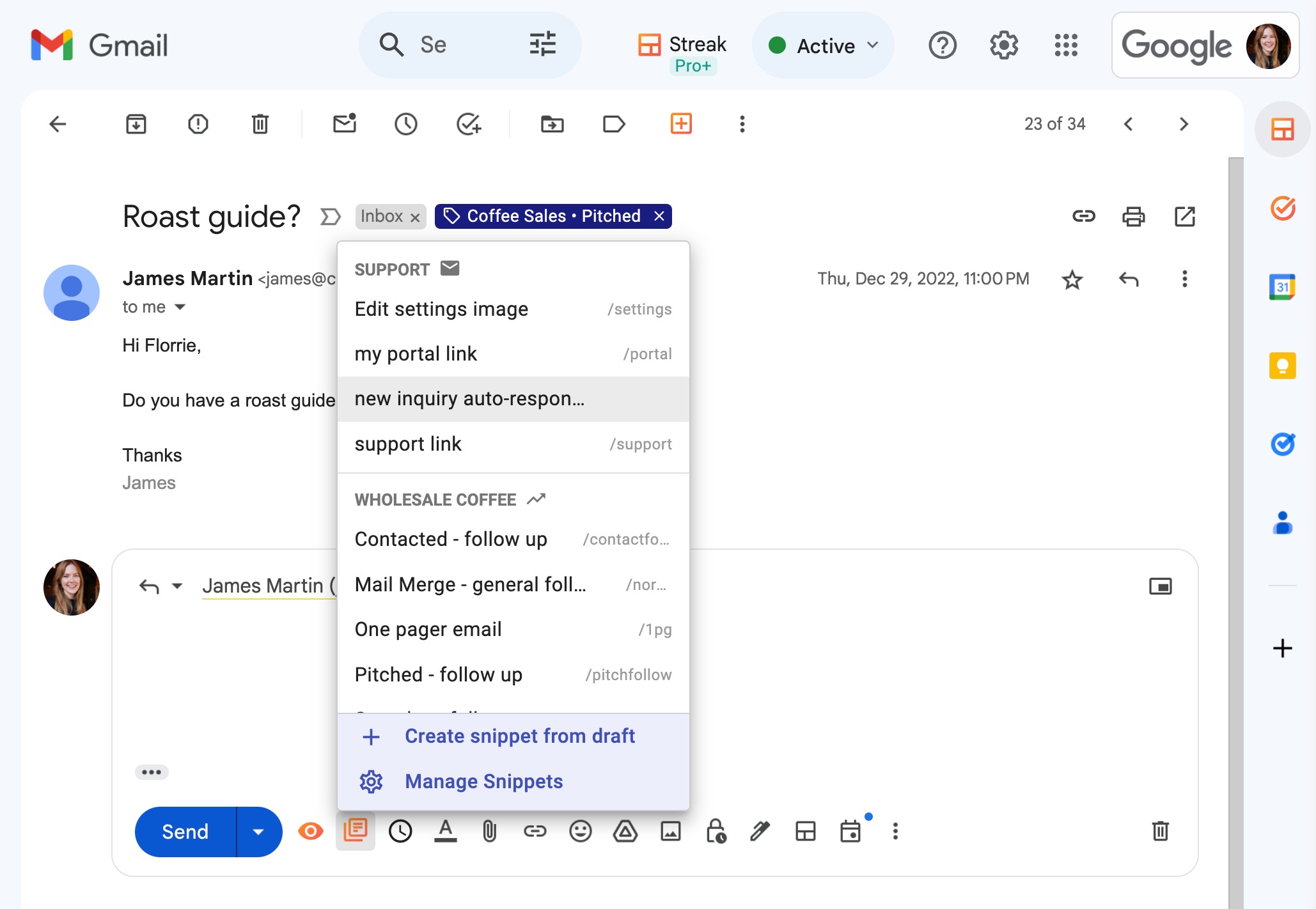  A Gmail inbox is open displaying an email with the subject line "Roast guide?". The sender is James Martin titled "Coffee Sales - Pitched" with an email content preview. A dropdown menu is expanded showing various support links and document options.
