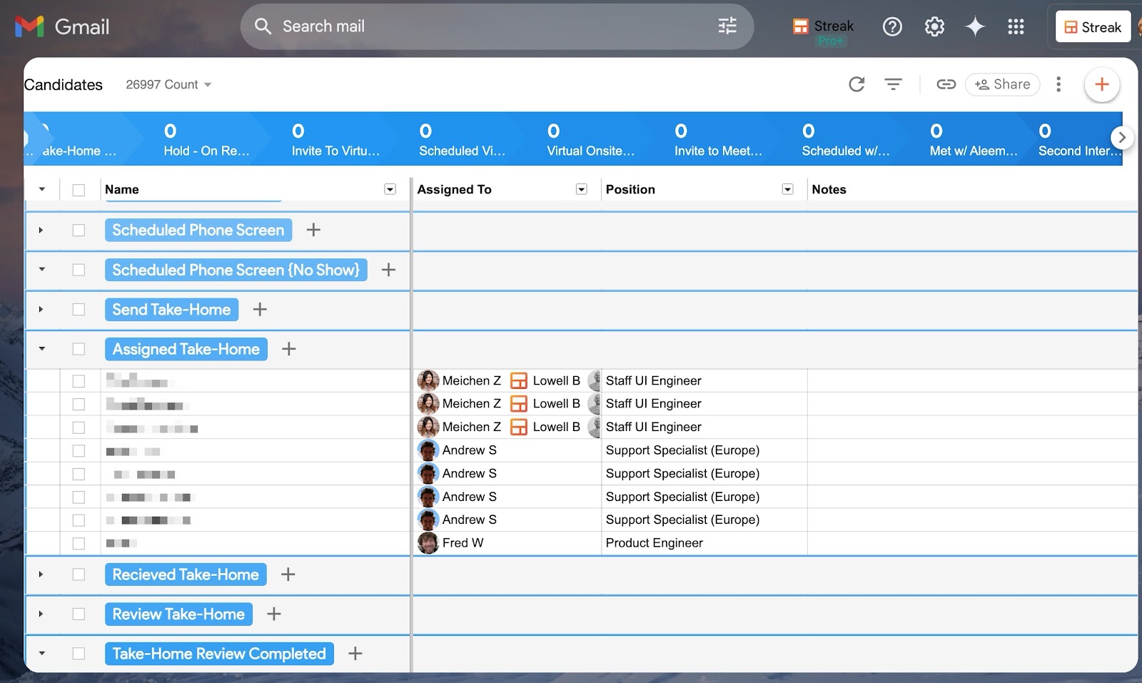 Screenshot of a Gmail inbox with a Streak CRM pipeline for candidate management. It displays a list of candidate names, their assigned tasks, positions, and notes, with color-coded status indicators for different recruitment stages.