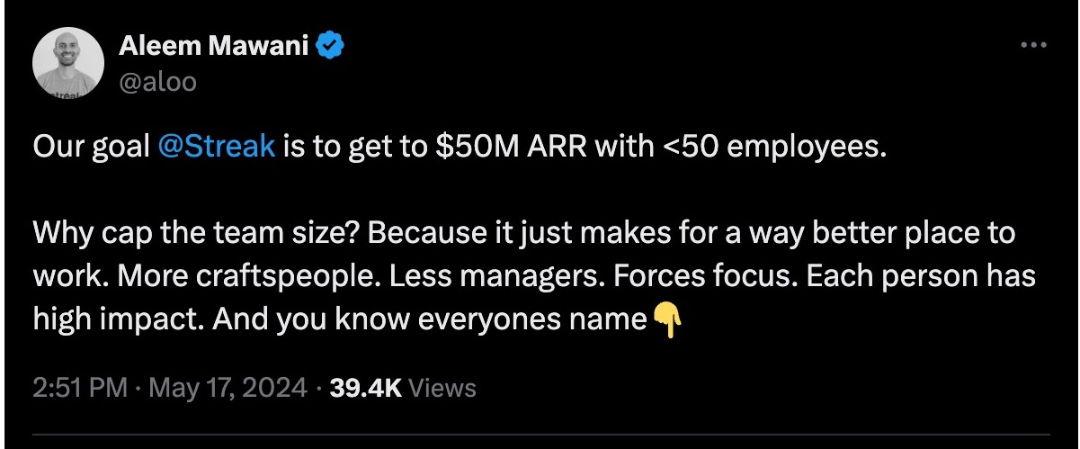  Tweet by Aleem Mawani discussing their goal at Streak to reach $50M ARR with fewer than 50 employees. Highlights benefits of a smaller team: better workplace, more skilled workers, fewer managers, increased focus, higher impact, and familiarity among team.