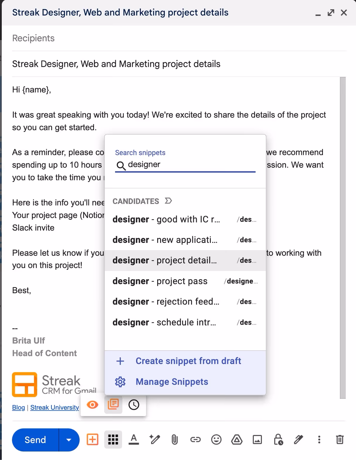 Screenshot of an email draft in Gmail. The email mentions sharing project details and includes a reminder about response time. There's a dropdown menu labeled "CANDIDATES" with template options for designers, such as project rejection and acceptance.