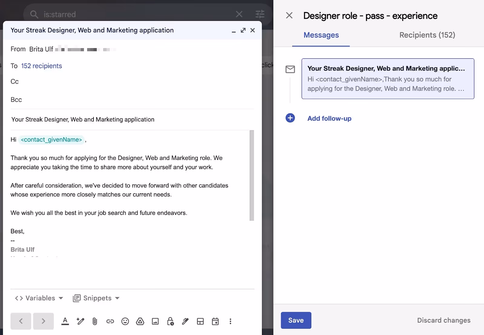 Screenshot of an email draft for a Designer, Web, and Marketing application rejection. It's addressed to "contact_givenName" and explains the decision to proceed with other candidates. There's an option to add a follow-up.