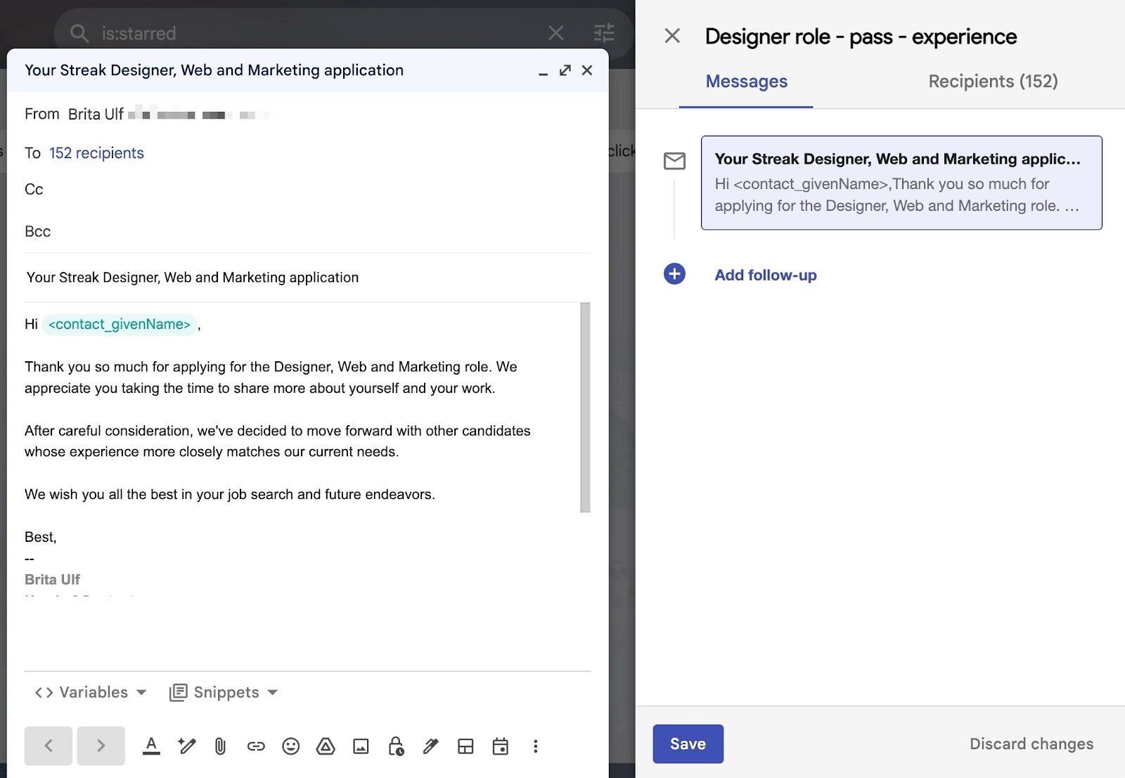 Screenshot of an email draft for a Designer, Web, and Marketing application rejection. It's addressed to "contact_givenName" and explains the decision to proceed with other candidates. There's an option to add a follow-up.