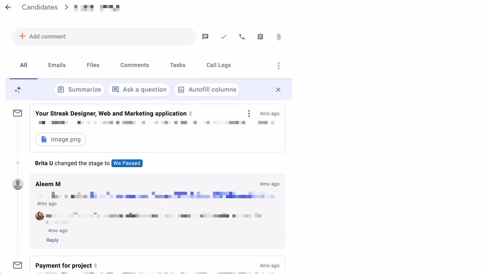 Screenshot of a job application management system showing a candidate's progress. The interface includes options for comments, tasks, and call logs. A message indicates the candidate has advanced to the "We Passed" stage. Names and details are blurred.