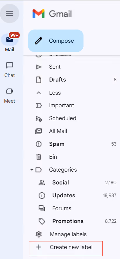 Gmail sidebar menu