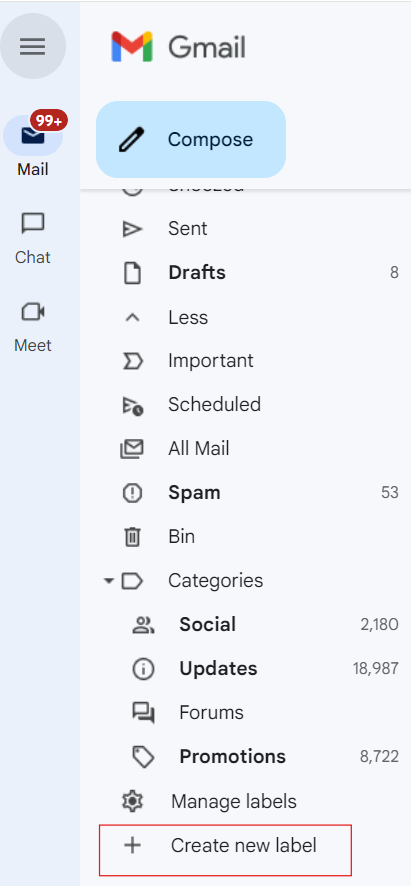 Gmail sidebar menu