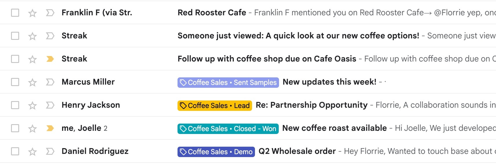 A screenshot of an email inbox showing various emails with different colored tags. Emails are from Franklin F, Streak, Marcus Miller, Henry Jackson, me, Joelle 2, and Daniel Rodriguez. Tags include Coffee Sales - Sent Samples, Coffee Sales - Lead, Coffee Sales - Closed - Won, and Coffee Sales - Demo. It's a perfect example of how to clean up Gmail efficiently.