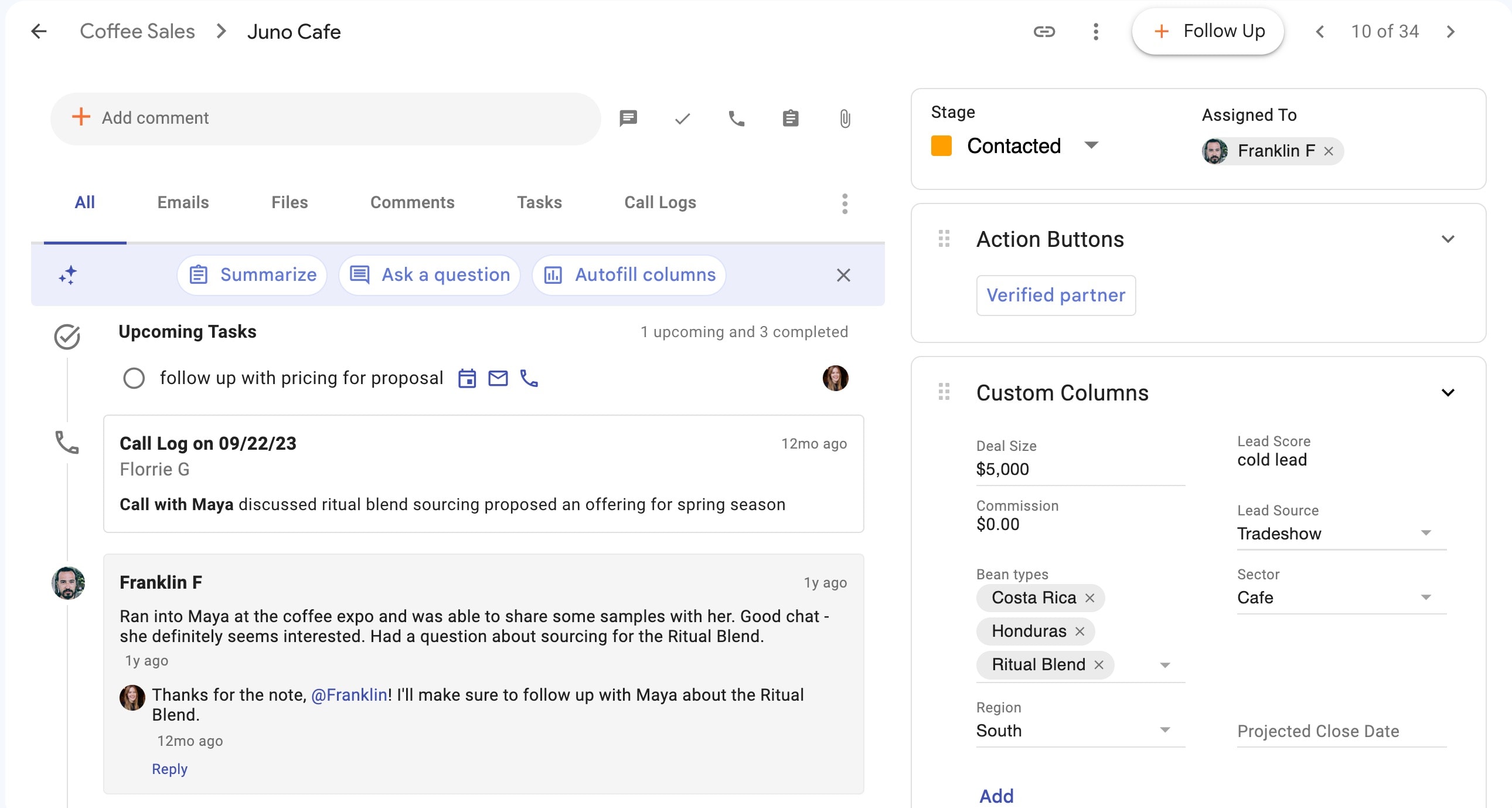 A screenshot of a information and interaction history for a lead being tracked in Streak CRM in Gmail