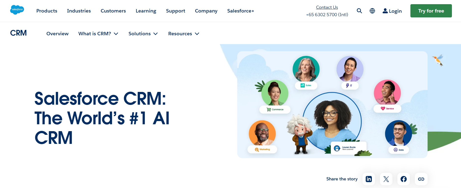 A Salesforce webpage promoting its CRM product with a banner that reads "Salesforce CRM: The World's #1 AI CRM." The page features cartoon avatars, an animated Einstein character, and user interface icons. Navigation links for various sections are at the top.