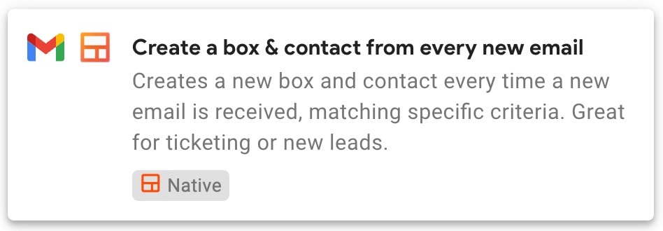 A Google Workspace Marketplace card is displayed with the heading "Create a box & contact from every new email." The description reads, "Creates a new box and contact every time a new email is received, matching specific criteria. Great for ticketing or new leads." A "Native" badge is also shown.
