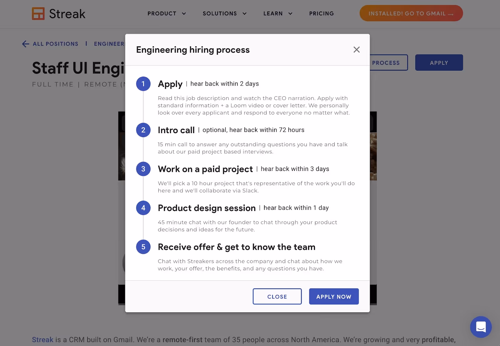 A pop-up window on the Streak website details an engineering hiring process with five steps: application response, intro call, paid project, design session, and offer. The page background shows job details for a Staff UI Engineer role.