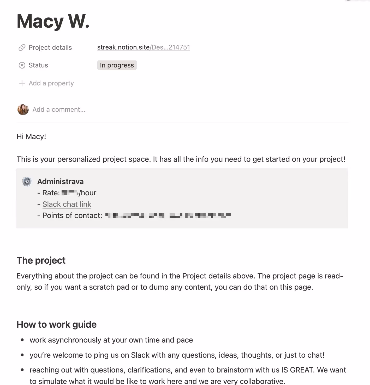 Screenshot of a project management webpage titled "Macy W." showing personalized project space details including admin contact, project description, and work guide. Icons for communication options and points of contact are also displayed.