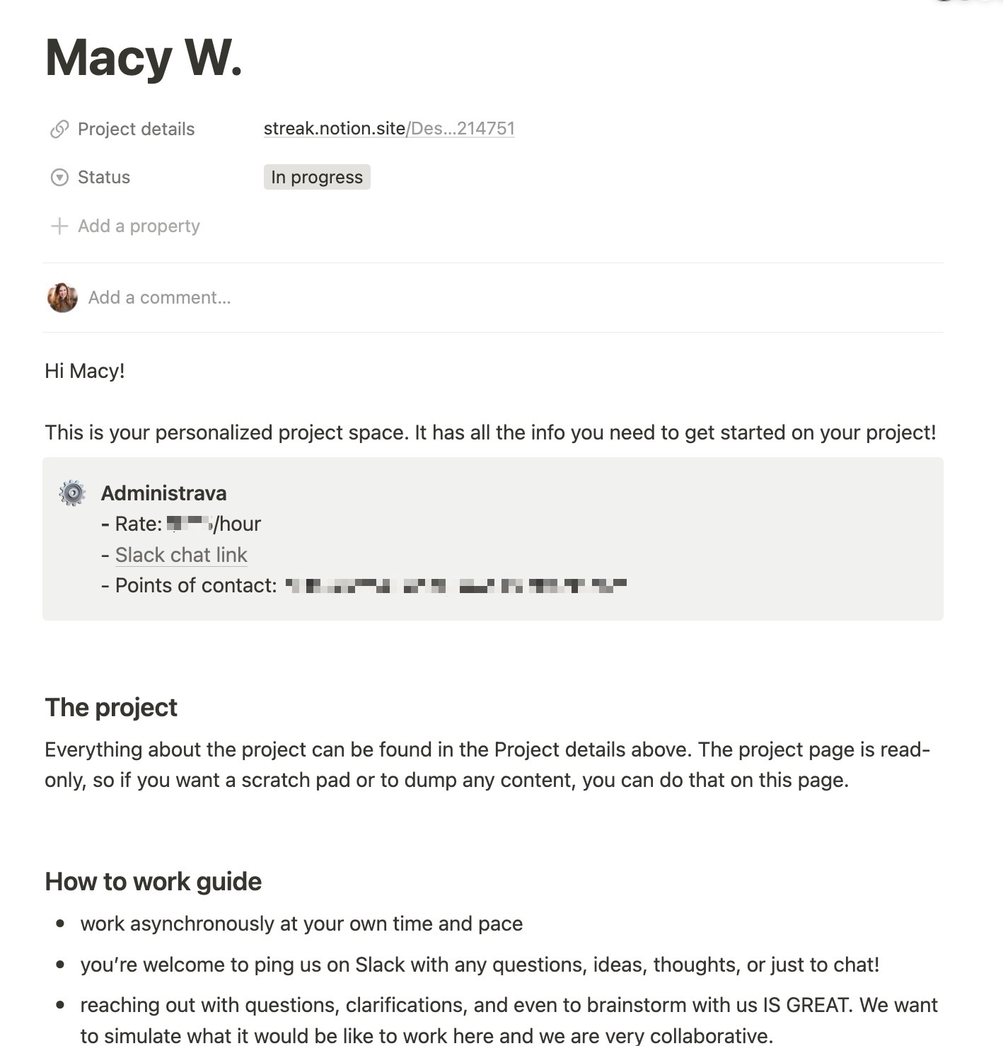 Screenshot of a project management webpage titled "Macy W." showing personalized project space details including admin contact, project description, and work guide. Icons for communication options and points of contact are also displayed.