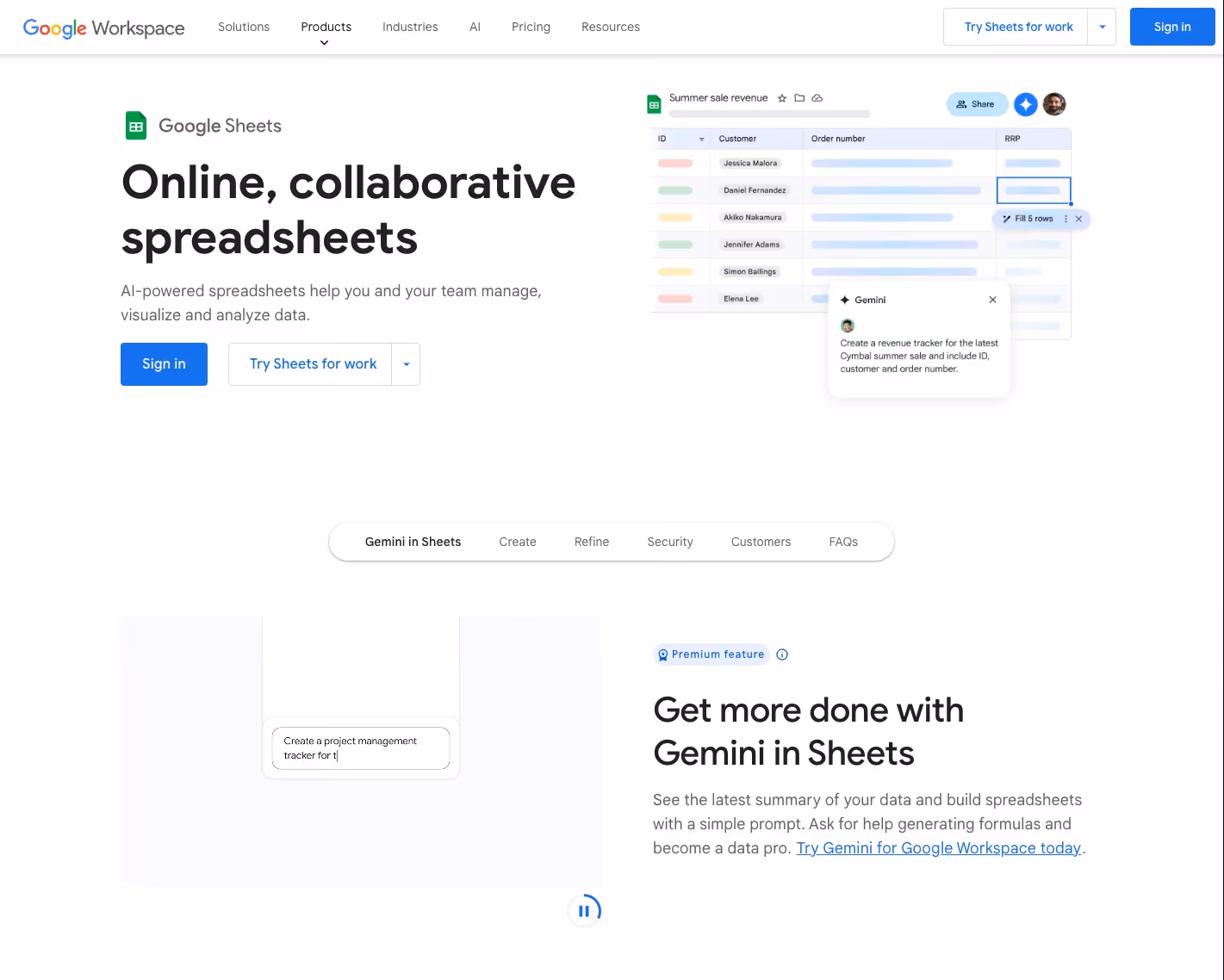 Screenshot of Google Sheets webpage promoting collaborative spreadsheets. Includes highlights of features like AI-powered assistance, a task management tracker, and a prompt about getting more done with Gemini in Sheets for advanced data handling.