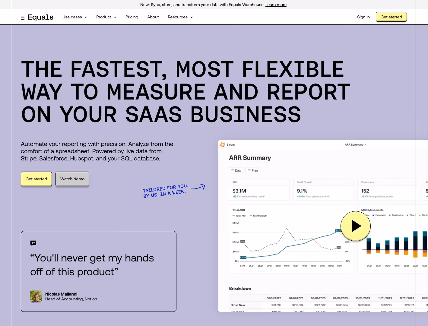 A webpage promoting Equals, highlighting its flexibility for SaaS business reporting. Features include automated data analysis, integrations with popular platforms, and an illustrated graph. A testimonial from a user is displayed at the bottom left.