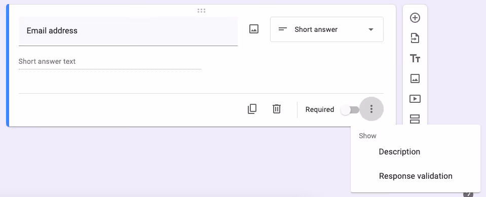 A lead generation form interface displays a field labeled "Email address" with a short answer text box. Options include "Short answer," "Required," and a menu featuring "Description" and "Response validation.