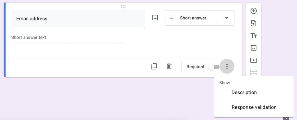 A lead generation form interface displays a field labeled "Email address" with a short answer text box. Options include "Short answer," "Required," and a menu featuring "Description" and "Response validation.