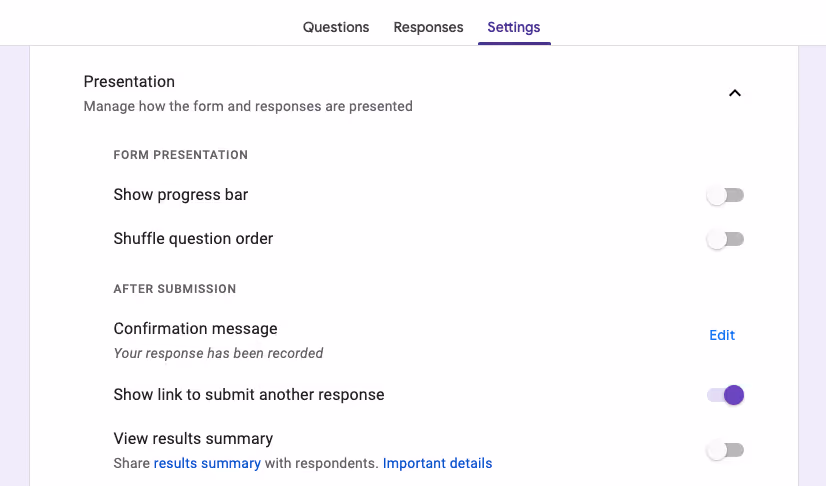A screenshot of a settings menu under the "Presentation" section for a lead generation form displays options for form presentation and post-submission. Toggle switches allow showing a progress bar and shuffling question order. Options include editing the confirmation message.