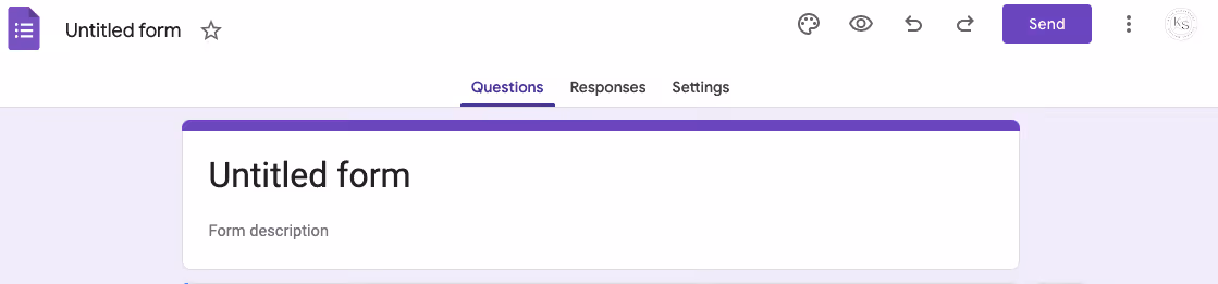 A screenshot captures a Google Forms interface with a blank lead generation form titled "Untitled form." It features sections like "Questions," "Responses," and "Settings." The form awaits input for its description, while the purple-highlighted "Send" button stands out, ready to engage users.