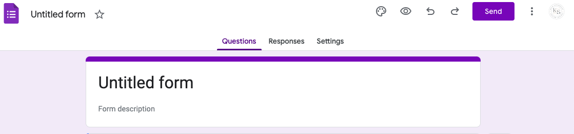 A screenshot captures a Google Forms interface with a blank lead generation form titled "Untitled form." It features sections like "Questions," "Responses," and "Settings." The form awaits input for its description, while the purple-highlighted "Send" button stands out, ready to engage users.