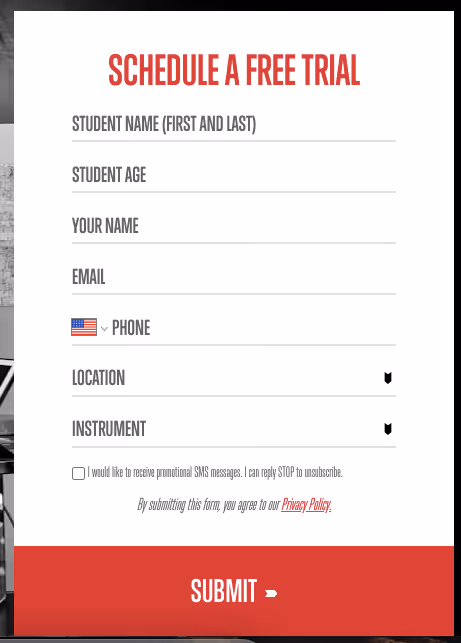A lead generation form titled "Schedule a Free Trial" includes fields for student name, age, email, phone, location, and instrument. There's also a checkbox for opting into promotional SMS messages and a submit button to finalize your interest.