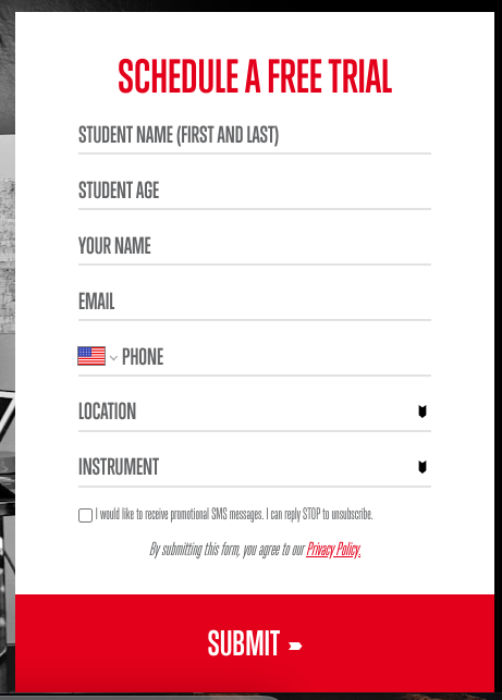 A lead generation form titled "Schedule a Free Trial" includes fields for student name, age, email, phone, location, and instrument. There's also a checkbox for opting into promotional SMS messages and a submit button to finalize your interest.