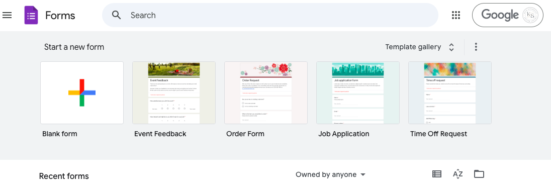 Screenshot of a Google Forms dashboard, featuring options to create forms like Blank Form, Event Feedback, Order Form, Job Application, and Time Off Request. The interface includes a Template gallery and search bar for efficient navigation. Create your ideal lead generation form with ease.