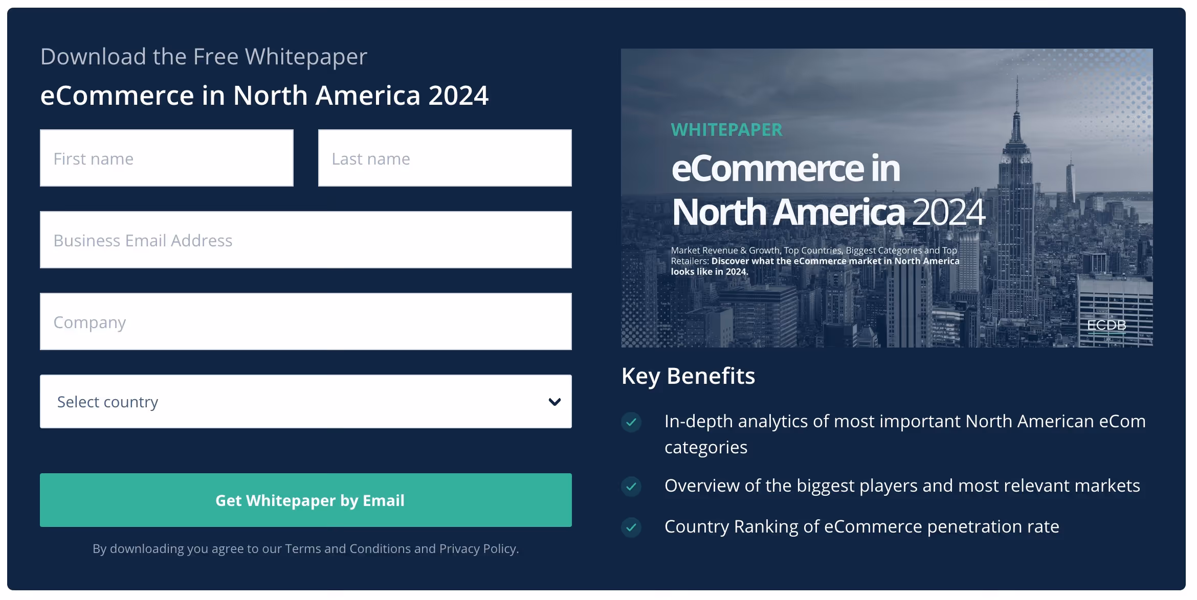 A promotional banner offering a free whitepaper titled "eCommerce in North America 2024" features a lead generation form with fields for first name, last name, email, and country. Discover key benefits like in-depth analytics and market rankings.