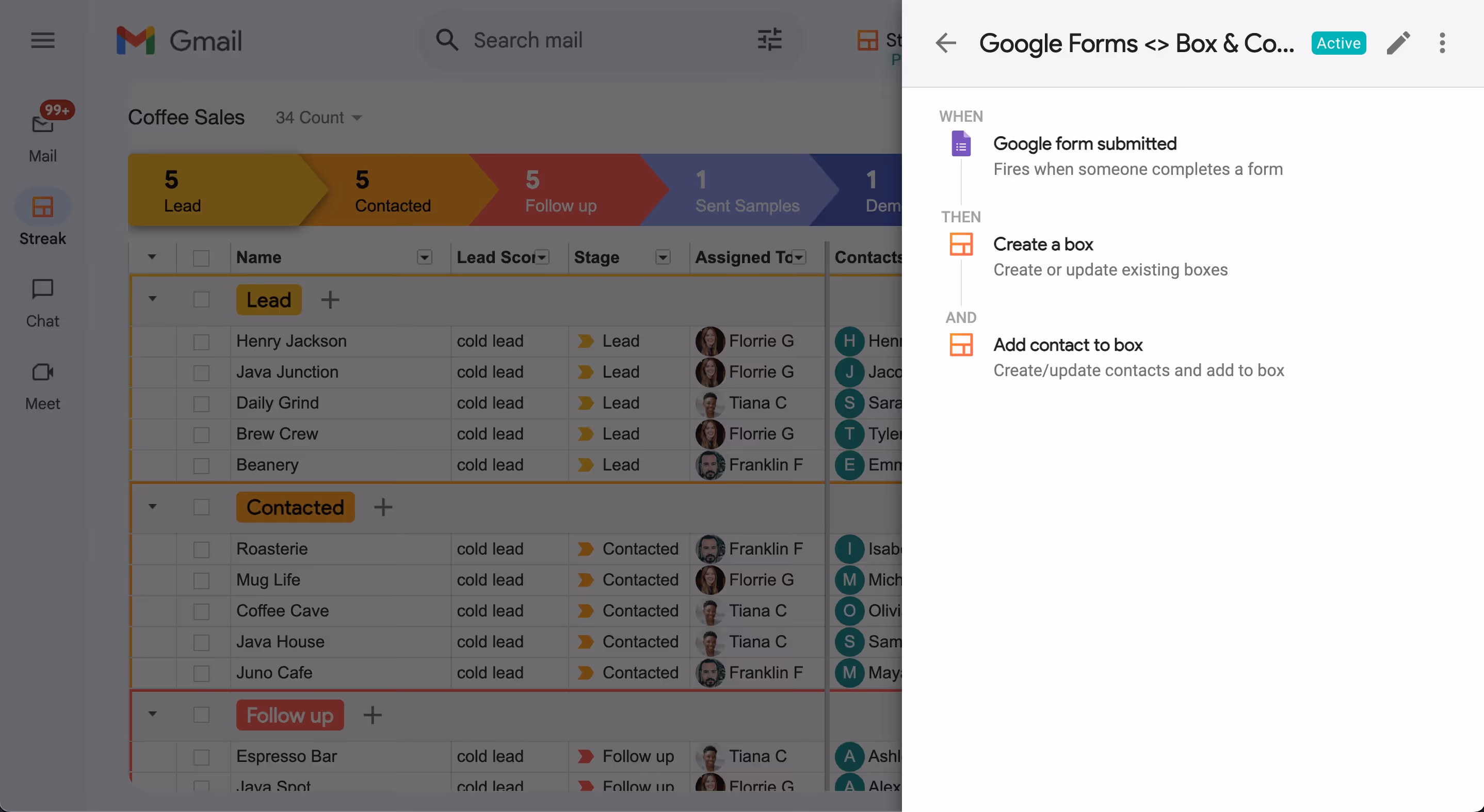 Screenshot of a Google Sheets interface with a list of contacts and lead details like name, score, and stage. A sidebar titled "Google Forms → Box & Contacts" displays automation steps for transforming lead generation form submissions into organized boxes and updated contact entries.