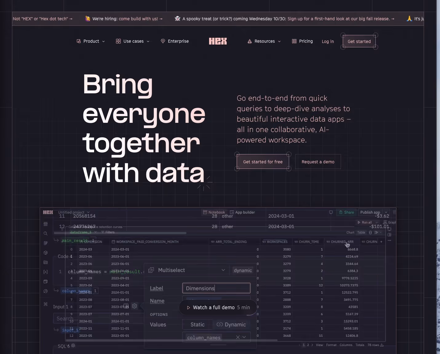 Promotional image for a data application. Large text reads, "Bring everyone together with data." A dark interface with tables and graphs is partially visible in the background. Small buttons for "See a live demo" and "Request a demo" are at the center.