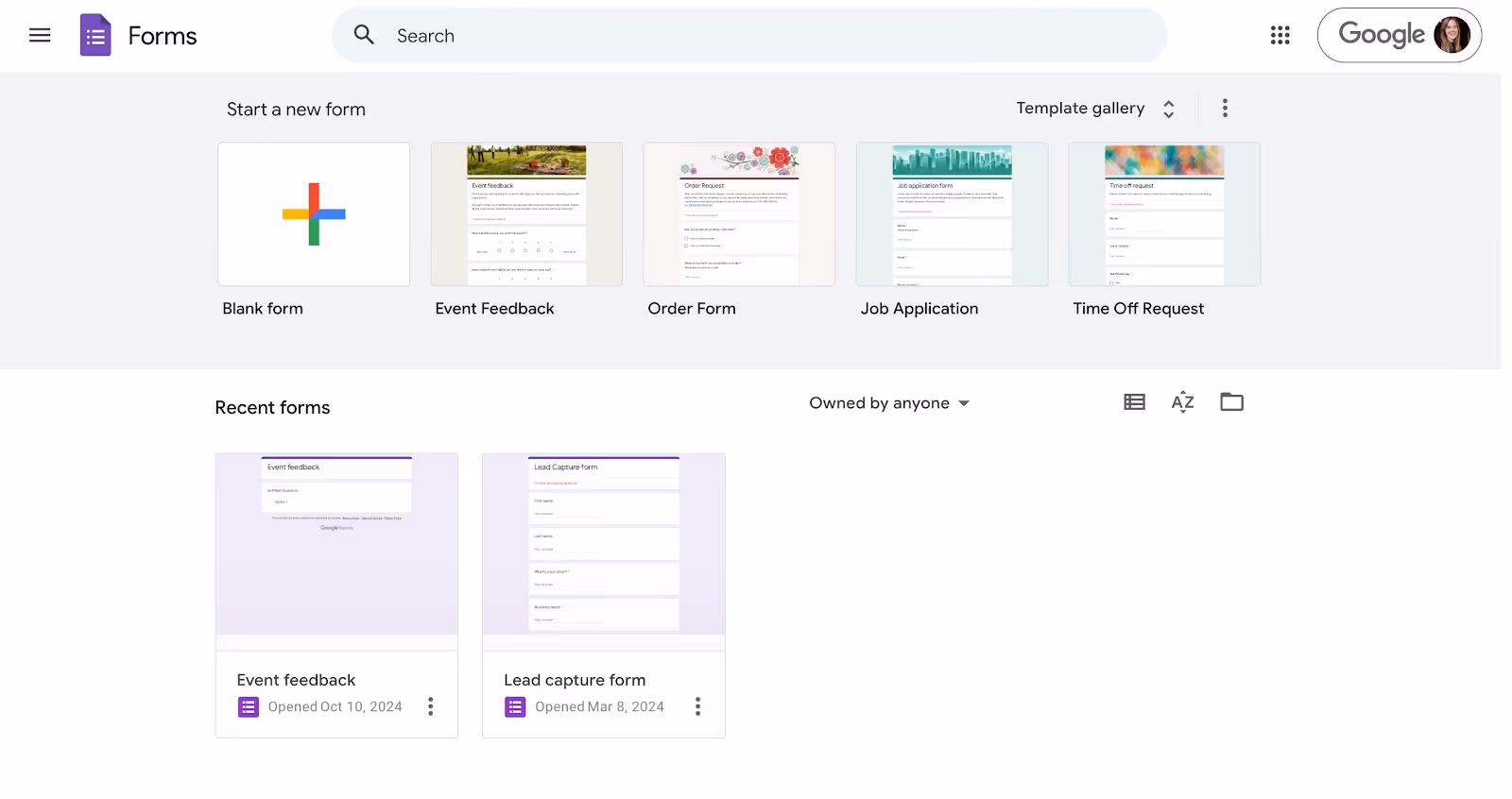 Google Forms dashboard displaying options to create new forms like Blank form, Event Feedback, and Order Form. Recent forms shown below include Event feedback and Lead capture form, with details like last opened date.