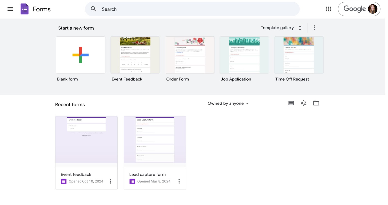 Google Forms dashboard displaying options to create new forms like Blank form, Event Feedback, and Order Form. Recent forms shown below include Event feedback and Lead capture form, with details like last opened date.