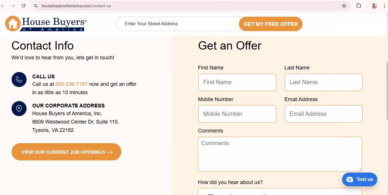 Screenshot of a contact page for House Buyers of America. It features contact info with a phone number and address on the left, and a form titled "Get an Offer" on the right with fields for name, mobile number, email, and comments.