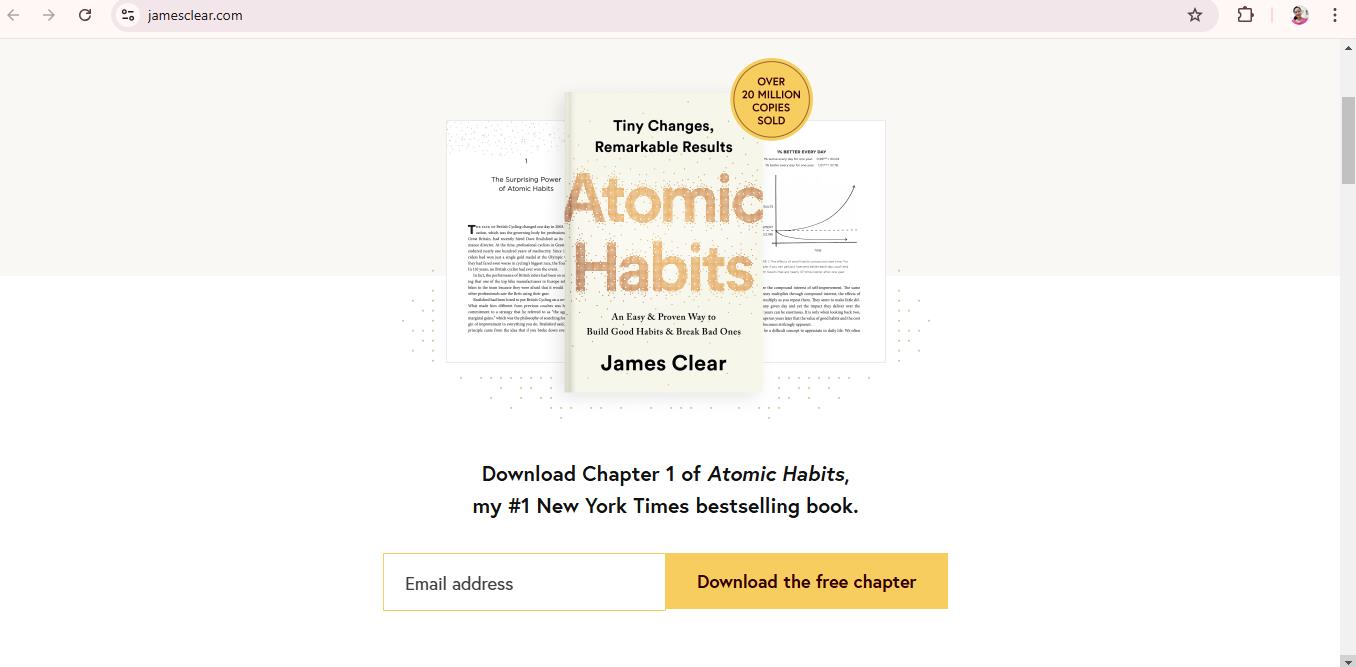 Screenshot of a webpage featuring the book "Atomic Habits" by James Clear, highlighting "Tiny Changes, Remarkable Results." There's an option to download the first chapter by entering an email address.