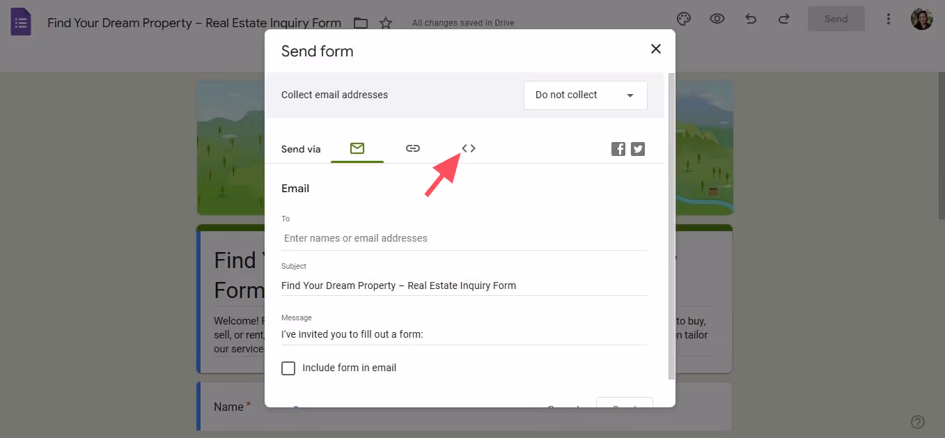 A screenshot of a form sharing window for "Find Your Dream Property - Real Estate Inquiry Form." Visible options include sending via email, link, or embed code. A red arrow points to the embed HTML code icon.