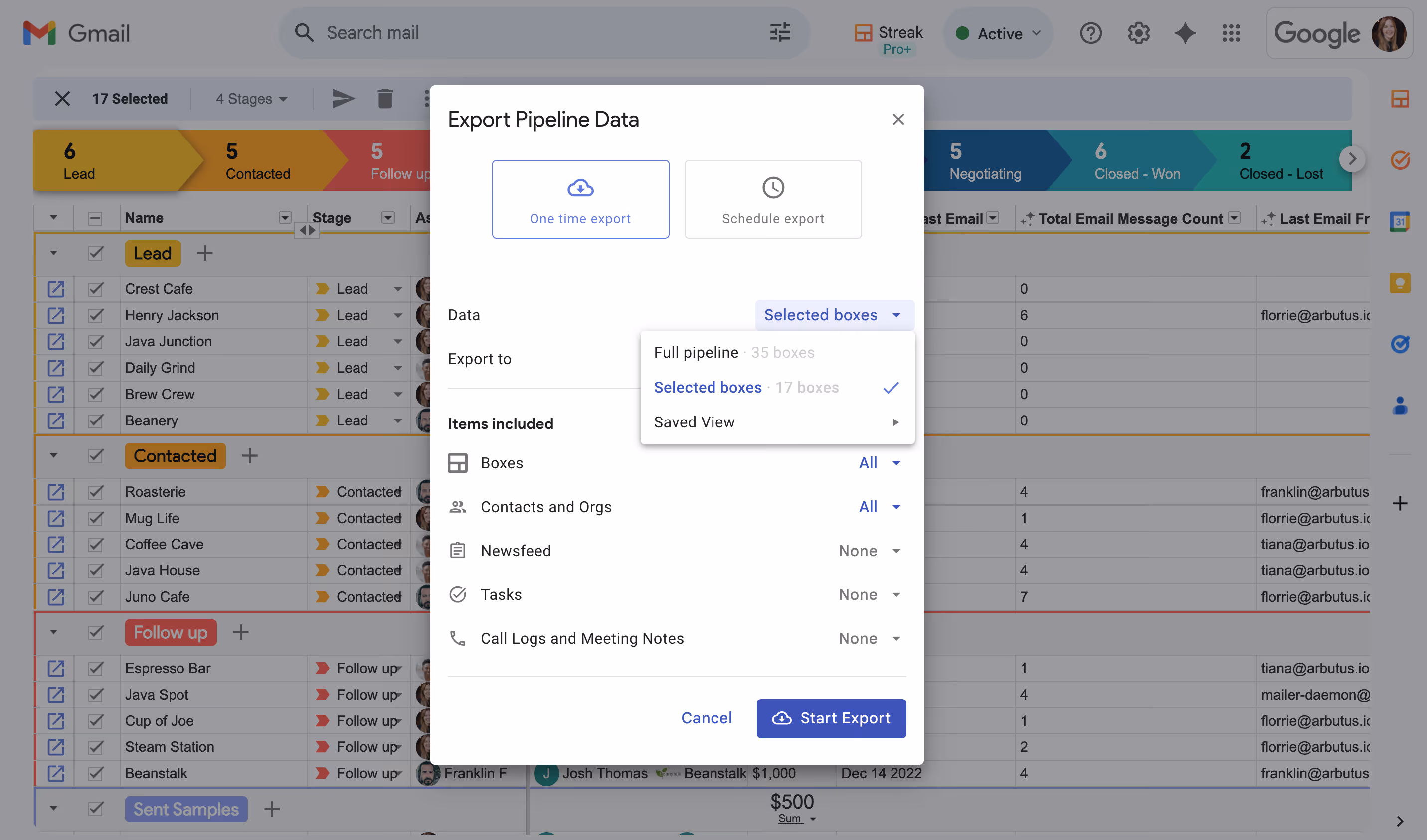 Export pipeline data modal in Streak CRM showing options to export selected boxes, contacts, tasks, and notes from a Gmail-integrated pipeline.