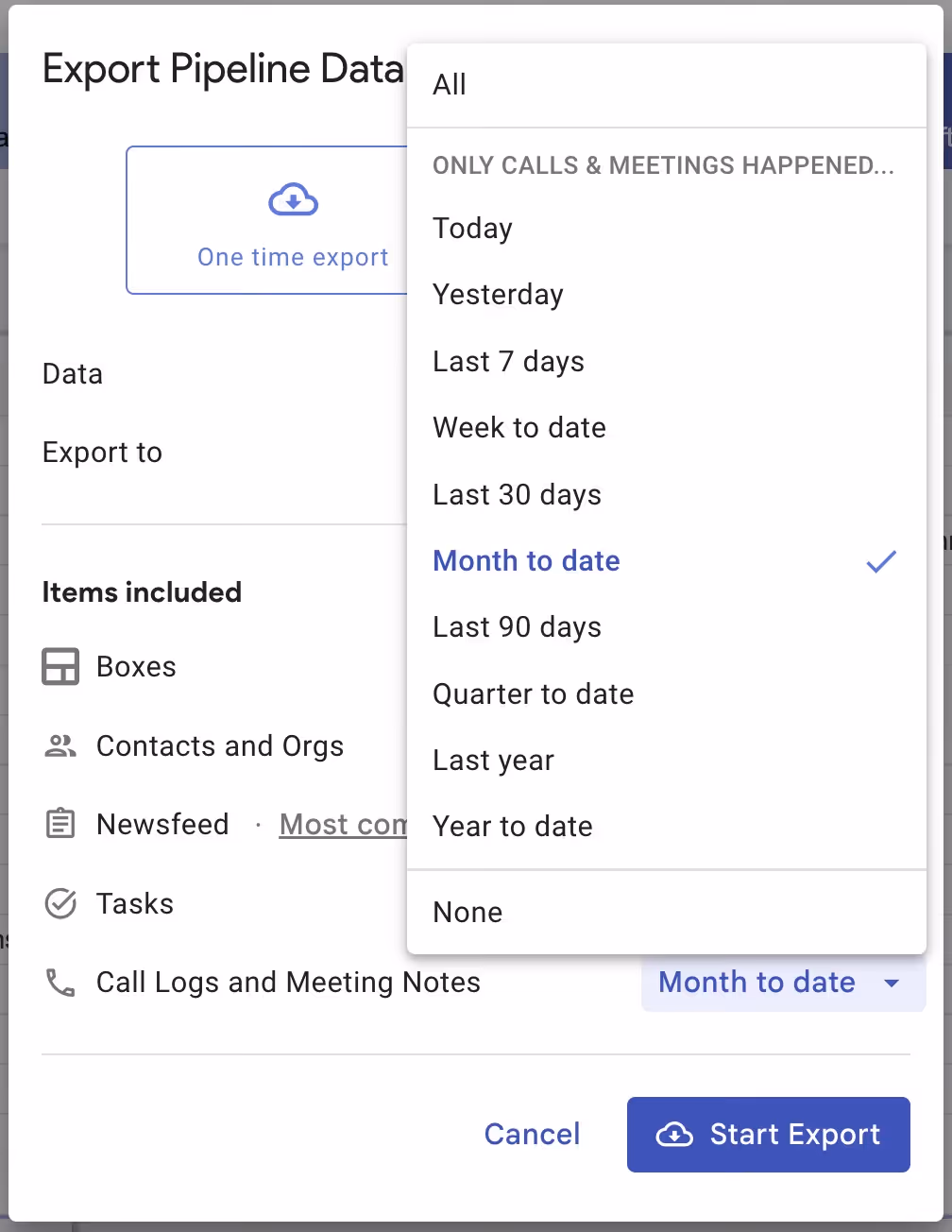 Screenshot of an "Export Pipeline Data" interface with a dropdown menu open. Options include date ranges like "Today," "Yesterday," "Last 7 days," and "Month to date," which is selected. Buttons for "Cancel" and "Start Export" are at the bottom.