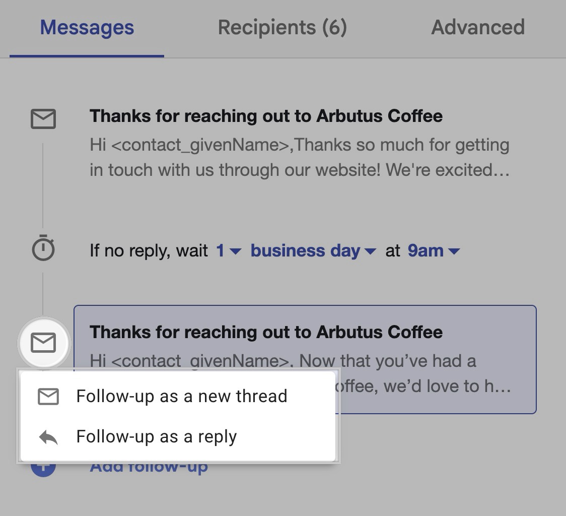 Streak CRM sequence follow-up settings showing option to send as new thread or reply.