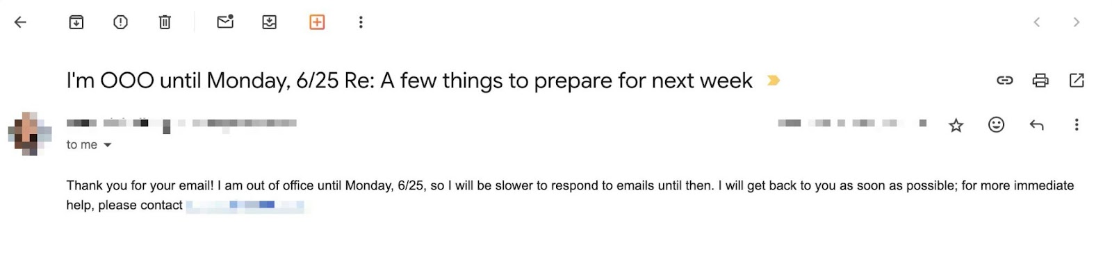 Out of office email auto-reply showing a recipient unavailable until June 25, used for Streak CRM vacation reply detection.