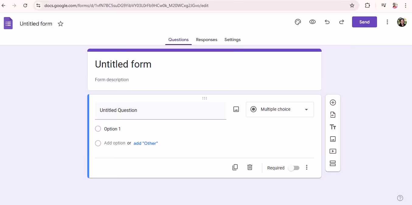A Google Forms interface with an untitled form and question. The question type is set to "Multiple choice" with options "Option 1" and "Add 'Other.'" Toolbars and tabs for Questions, Responses, and Settings are visible.