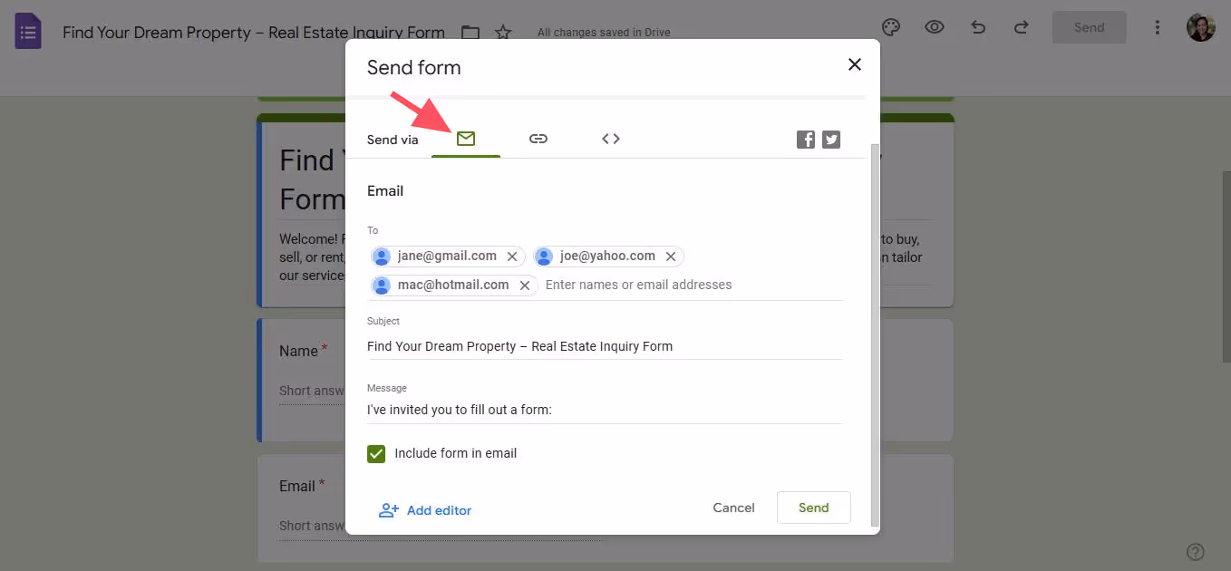 Screenshot of an email composition window for sending a form titled "Find Your Dream Property - Real Estate Inquiry Form." It shows email fields filled in, a green email icon highlighted, and the message text.