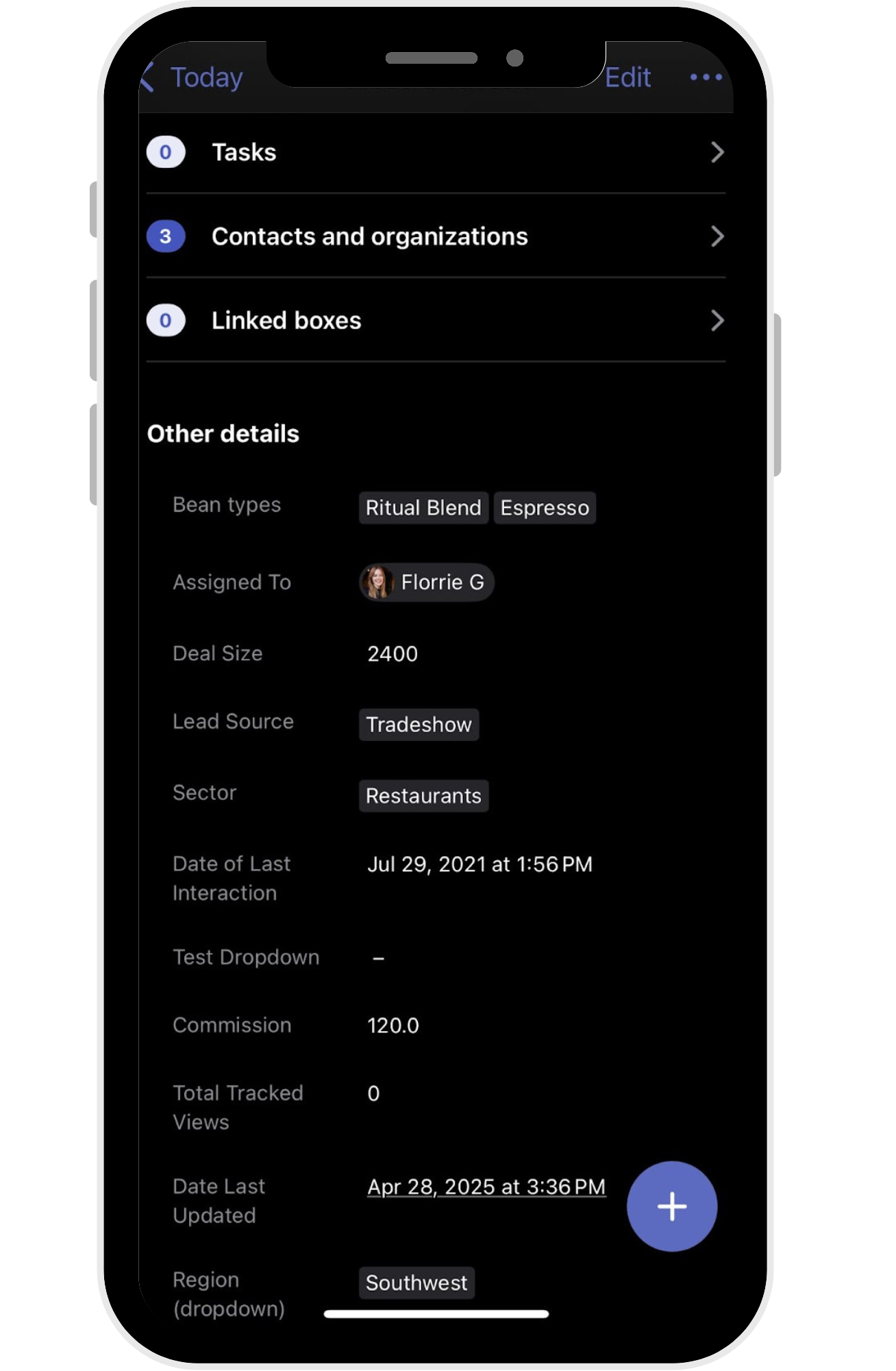 Streak CRM mobile view showing contact details with bean types, deal size, lead source, sector, assigned user, commission, and last updated date.