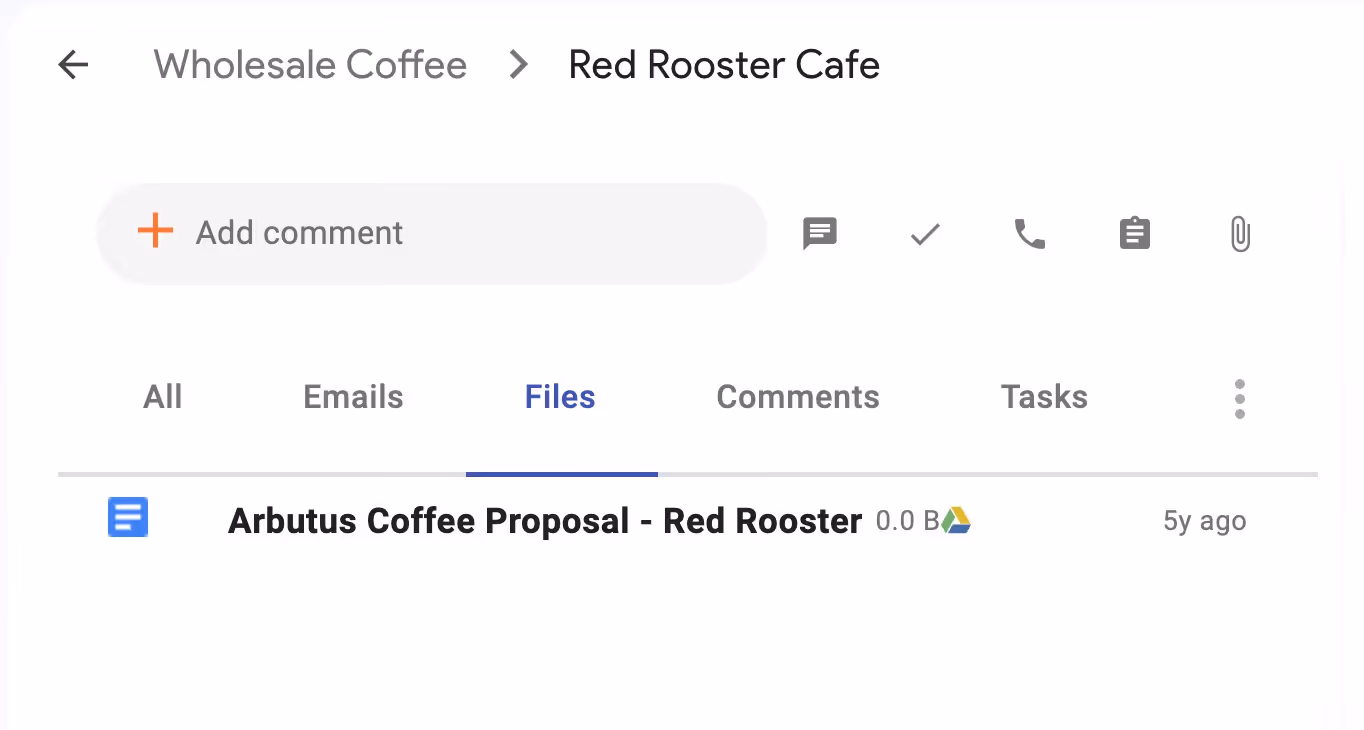 Streak CRM file tab showing Google Doc titled "Arbutus Coffee Proposal - Red Rooster" under Red Rooster Cafe pipeline.